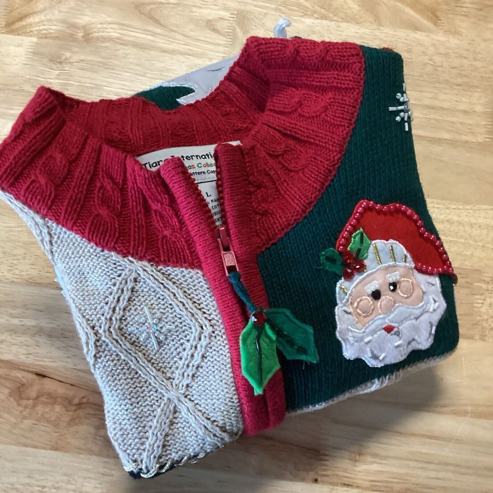 TIARA INTERNATIONAL Christmas Zip Patchwork‎ Cardigan Sweater LARGE Beaded